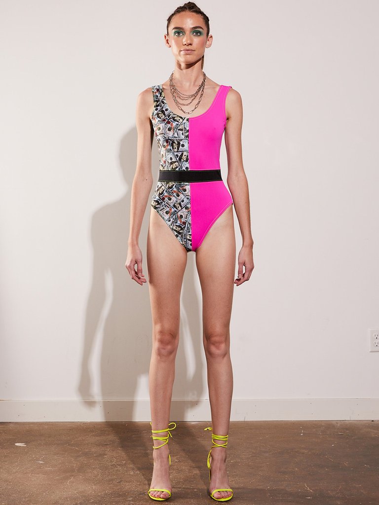 Money Print and Hot Pink Color Block Swimsuit