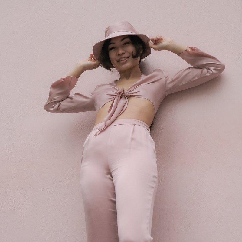 Anaphe 1970's Bell Bottom High-waisted Silk Pant In Pink