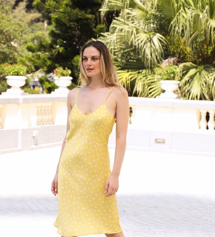 Anaphe Short Silk Slip Dress Sunshine Yellow Dots Dress