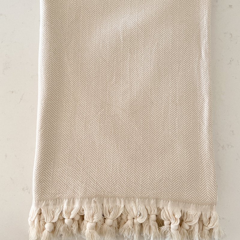 Anaya Home Beige Turkish Cotton Herringbone Throw Blanket With Tassels 55x75 In Brown