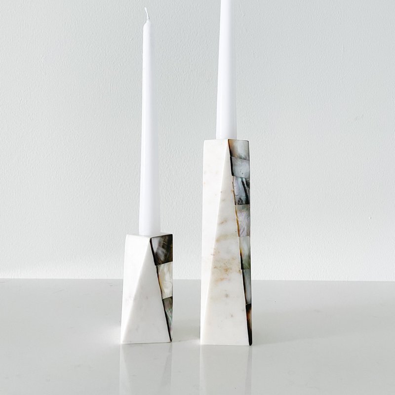 Anaya Home White Marble Grey Mother Of Pearl Candle Holders