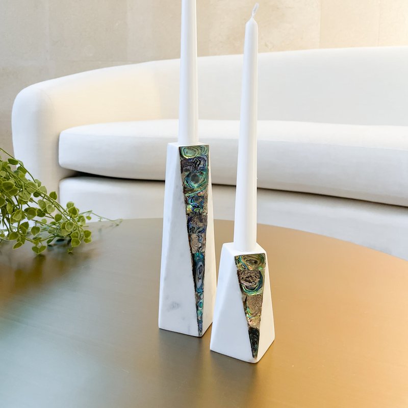 Anaya Home White Marble Rainbow Mother Of Pearl Candle Holder