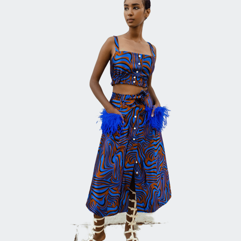 ANDREEVA ANDREEVA BLUE PRINTED SKIRT WITH FEATHERS
