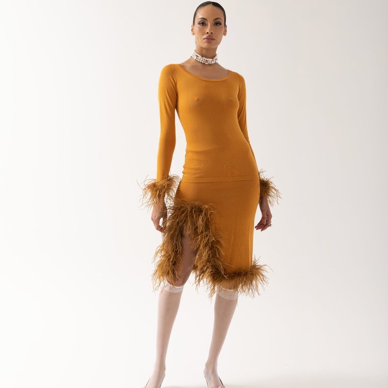 Shop Andreeva Camel Knit Top With Detachable Feather Cuffs In Brown