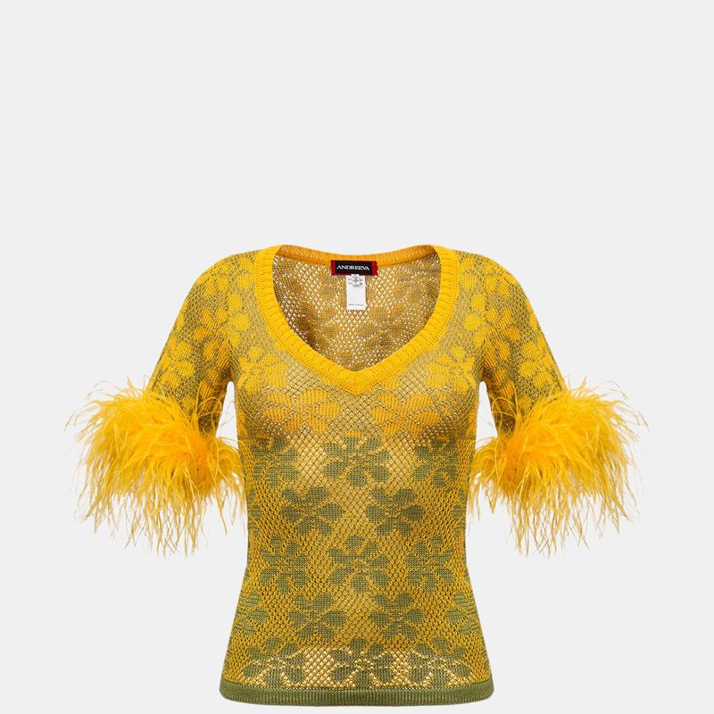 Andreeva Green Flower Top With Feathers In Multicolor