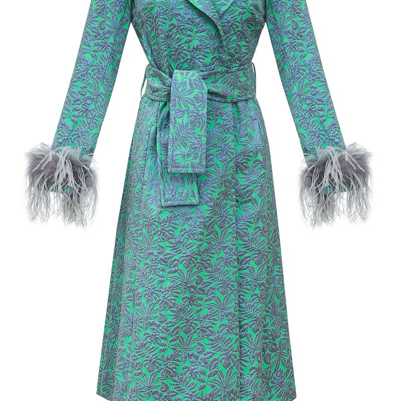 ANDREEVA GREEN JACQUELINE COAT №22 WITH DETACHABLE FEATHERS CUFFS