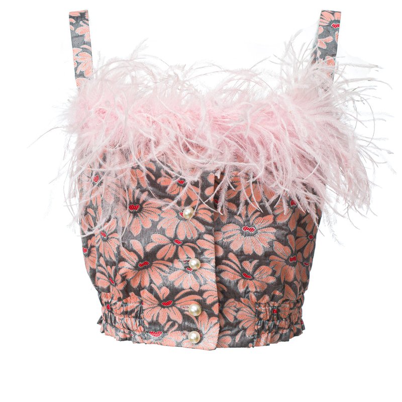 ANDREEVA GREY FLOWER TOP WITH PINK FEATHER DETAILS AND PEARL BUTTONS