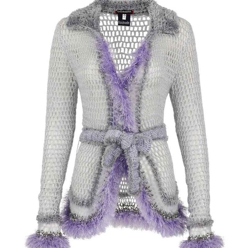 Shop Andreeva Light Grey Handmade Knit Cardigan In Purple
