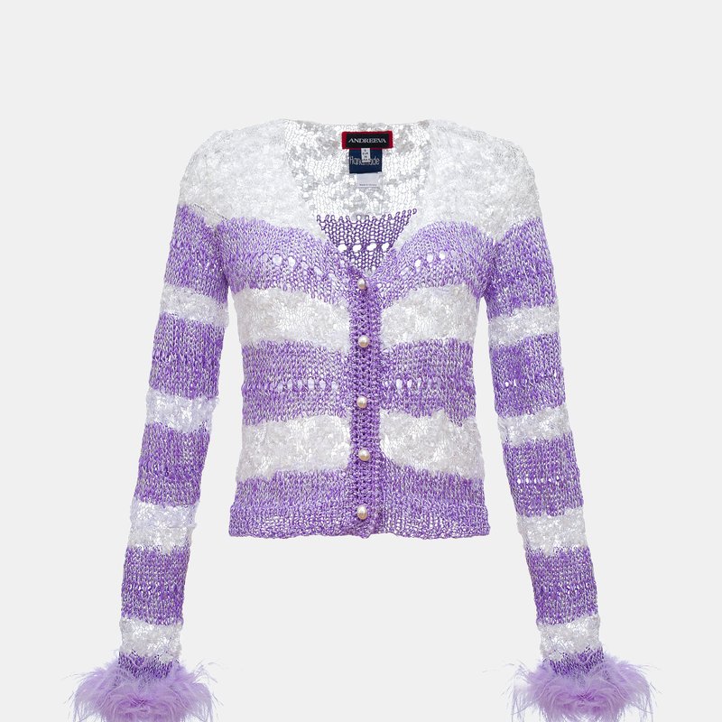 Shop Andreeva Lavender Handmade Knit Sweater With Detachable Feather Details On The Cuffs And Pearl Buttons In Purple