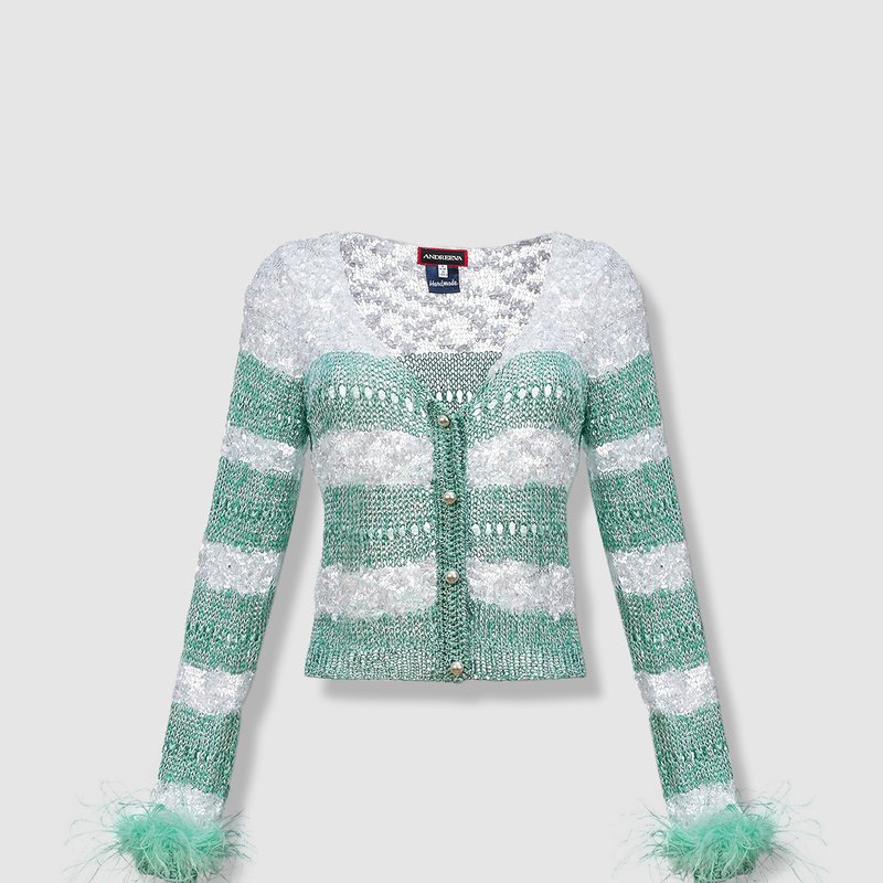 Shop Andreeva Mint Handmade Knit Sweater With Detachable Feather Details On The Cuffs And Pearl Buttons In Green