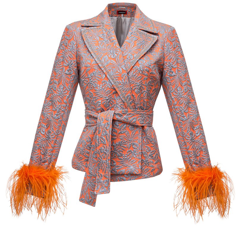 ANDREEVA ORANGE JACQUARD JACKET №22 WITH DETACHABLE FEATHER CUFFS