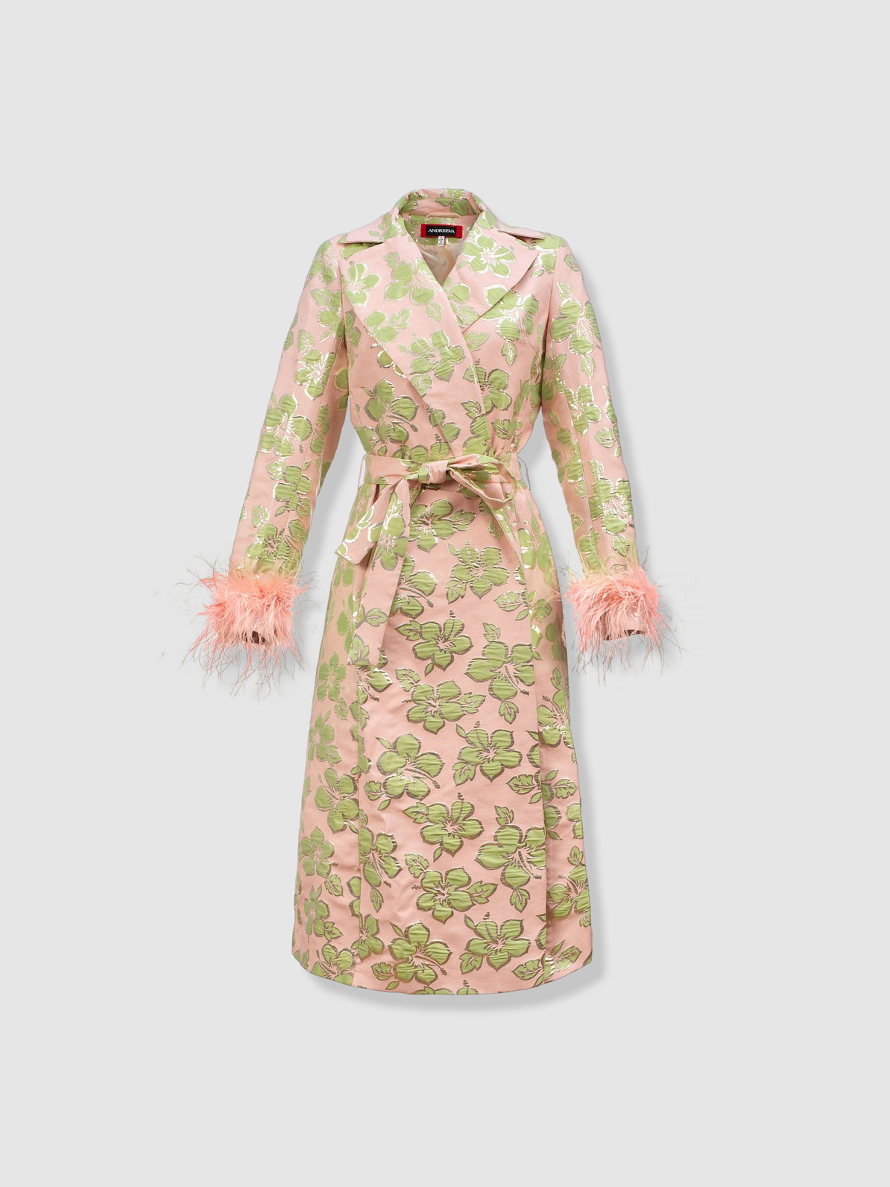 ANDREEVA ANDREEVA PINK JACQUARD COAT №19 WITH DETACHABLE FEATHER CUFFS