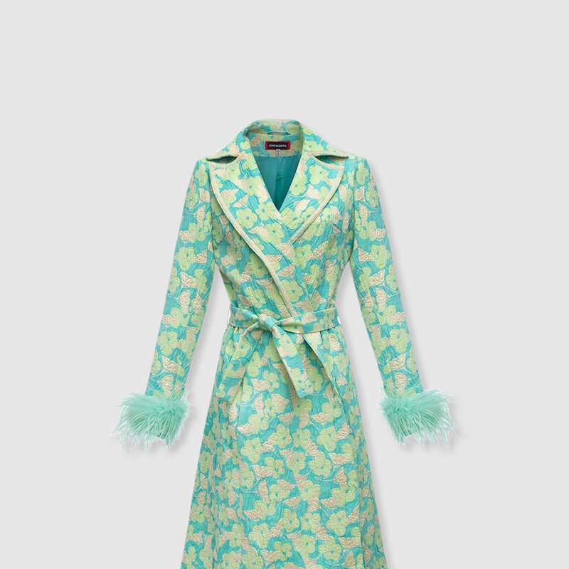 Andreeva Pink Jacqueline Coat №21 With Detachable Feathers Cuffs In Mint