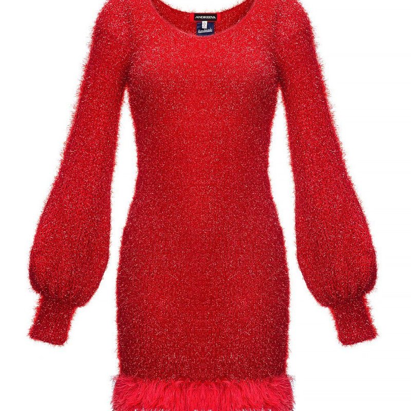 ANDREEVA RED HANDMADE KNIT DRESS WITH GLITTER