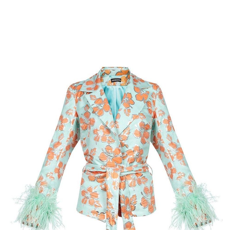 Andreeva Vanilla Jacquard Jacket №19 Detachable Feather Cuffs In Blue
