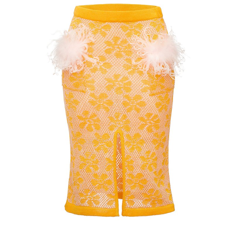 ANDREEVA YELLOW KNIT SKIRT WITH FEATHER DETAILS
