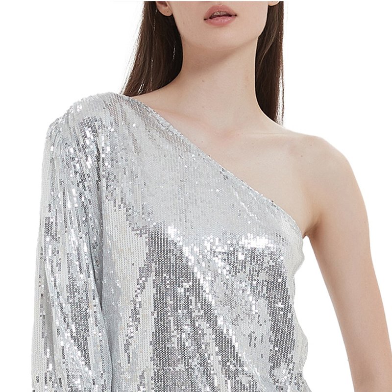 Anna-kaci Summer Sparkle Sequins One Shoulder Top Blouse Cocktail Casual Glitter Sequined T-shirt To In White