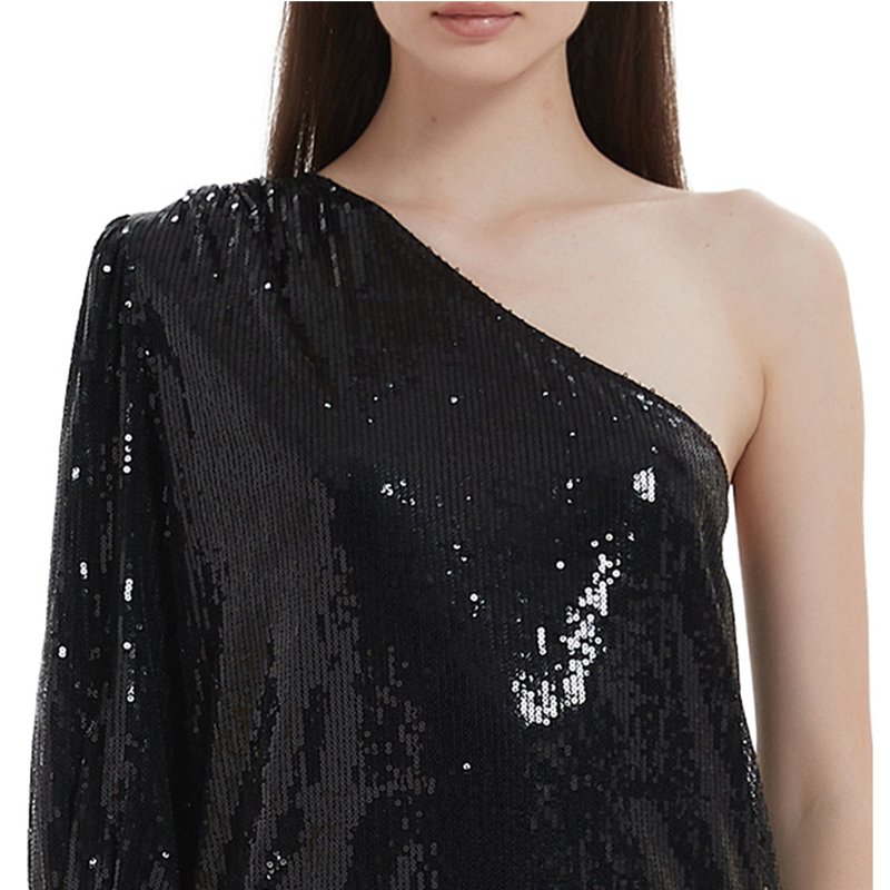 Anna-kaci Summer Sparkle Sequins One Shoulder Top Blouse Cocktail Casual Glitter Sequined T-shirt To In Black