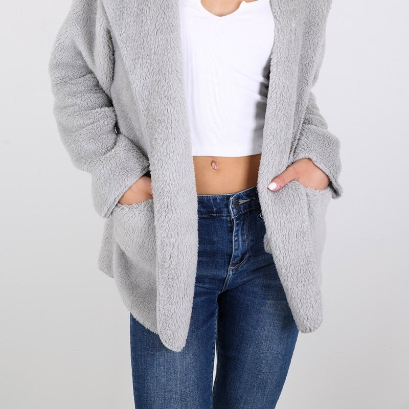 Anna-kaci Women Hooded Fluffy Fleece Comfy Soft Teddy Faux Fur Coat Jacket In Grey
