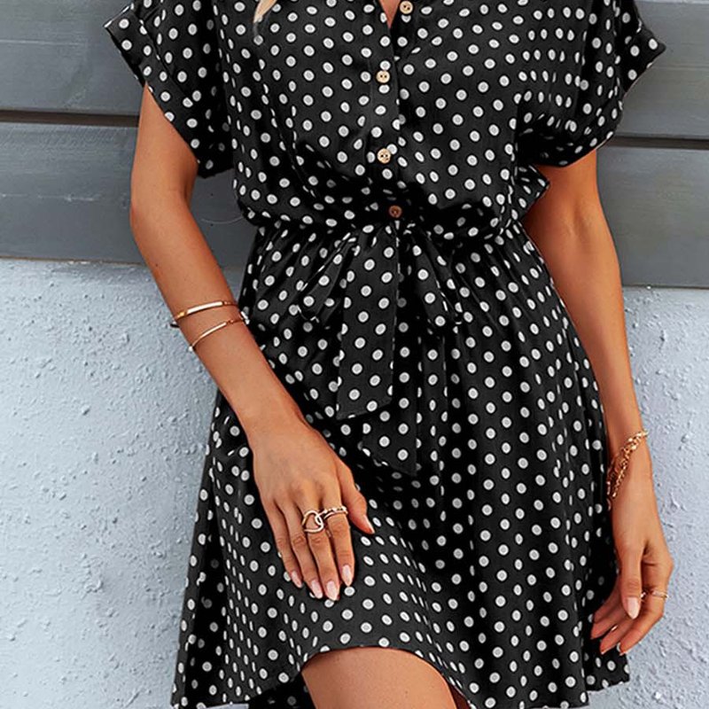 Anna-kaci Womens Casual Dress Short Sleeves Button Up Polka Dot Printed Tie Waist Mini Dresses In Black