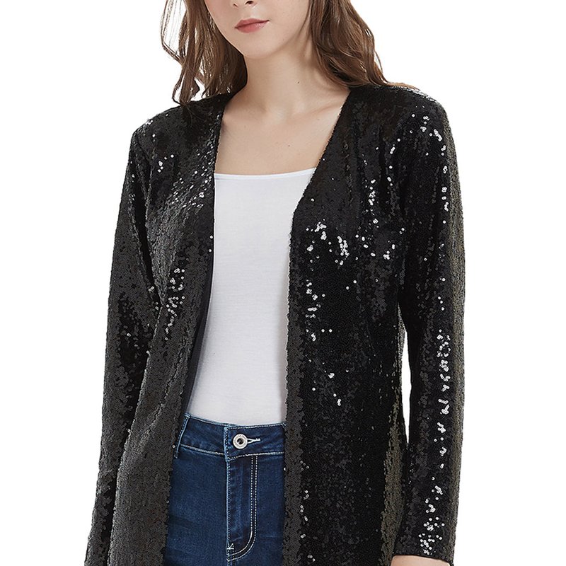 Anna-kaci Women's Sequin Jacket Open Front Coat Blazer Party Cocktail Outerwear Cardigan In Black