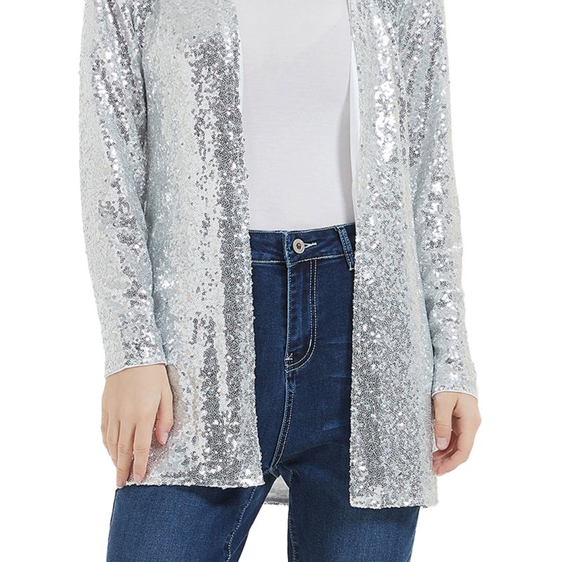 Anna-kaci Women's Sequin Jacket Open Front Coat Blazer Party Cocktail Outerwear Cardigan In Grey