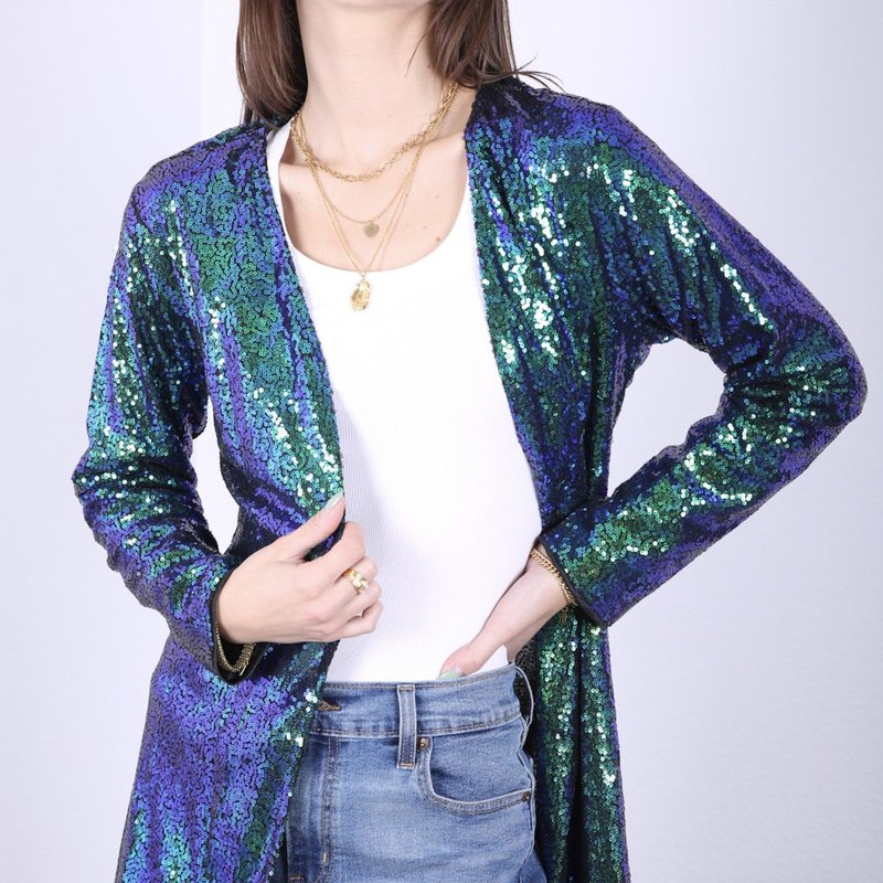 Anna-kaci Women's Sequin Jacket Open Front Coat Blazer Party Cocktail Outerwear Cardigan In Blue