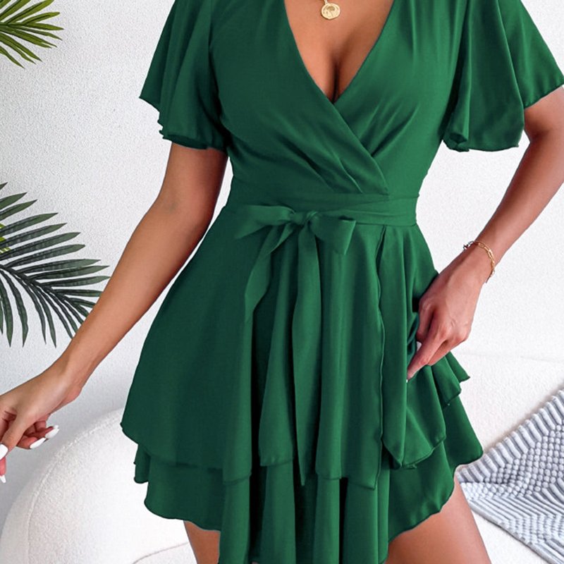 Anna-kaci Asymmetrical Tiered Hem Wrap Dress In Green