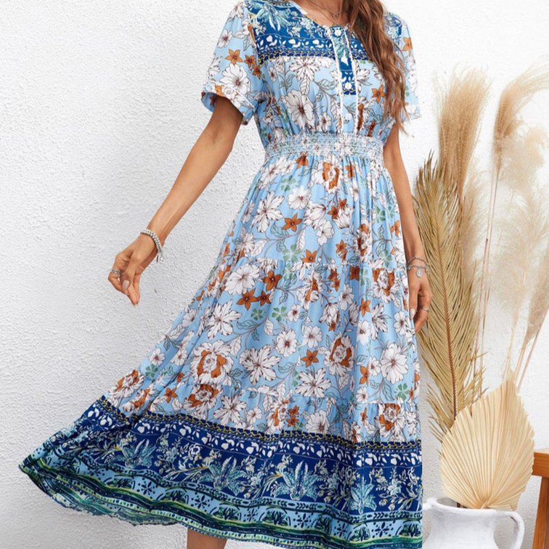 Anna-kaci Bohemian Print Button Front Dress In Blue