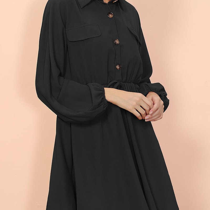 Anna-kaci Button Collared Lantern Sleeve Ruffle Dress In Black