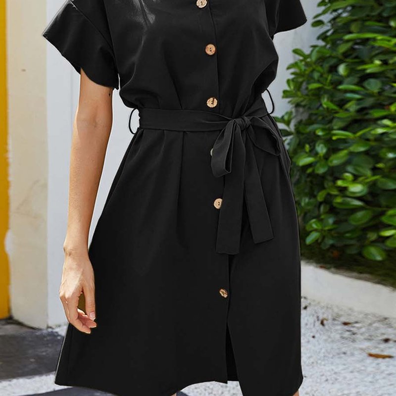 Anna-kaci Button Down Ribbon Belt Dress In Black