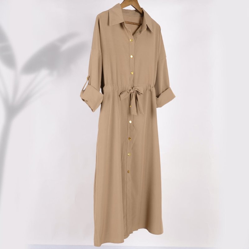 Anna-kaci Button Down Tie Waist Dress In Brown