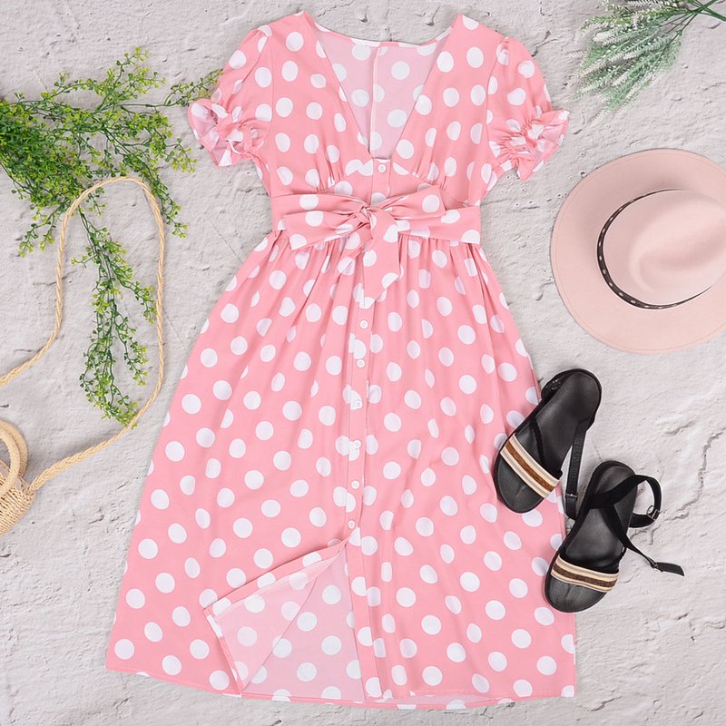 Anna-kaci Button Polka Dot Dress In Pink