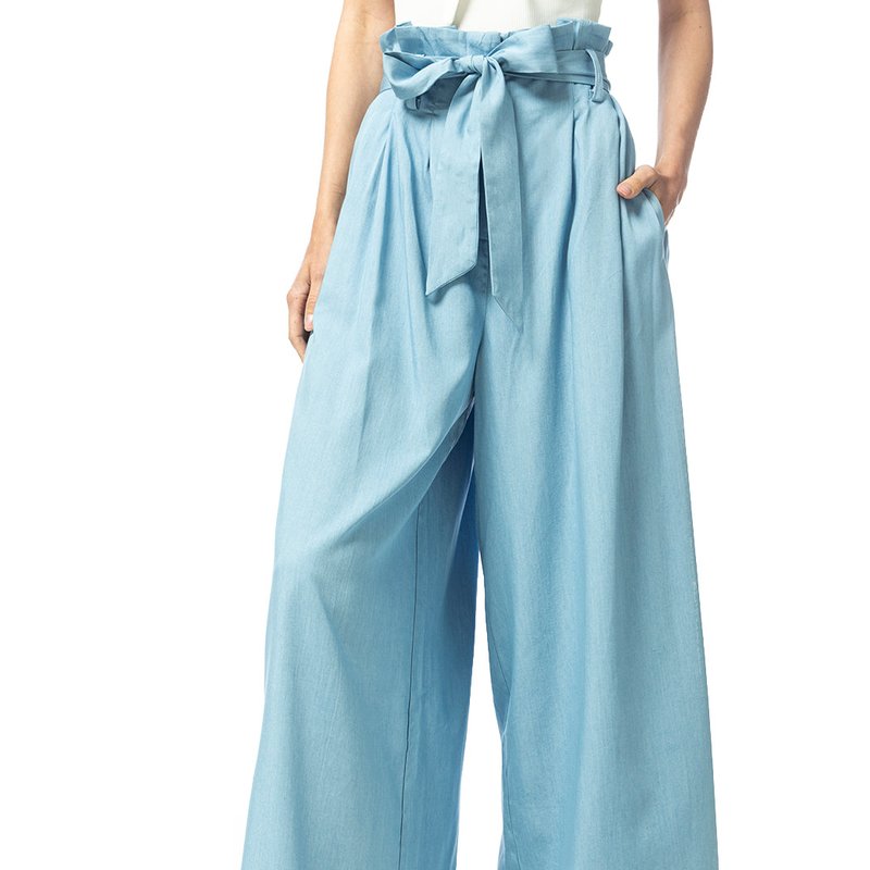 Anna-kaci Chambray Tie Wide-leg Palazzo Jeans In Blue