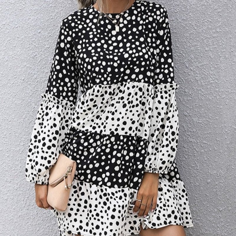 Anna-kaci Cheetah Print Two Tone Dress In Black