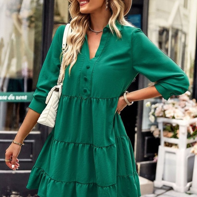Anna-kaci Collared V Neck Tiered Dress In Green