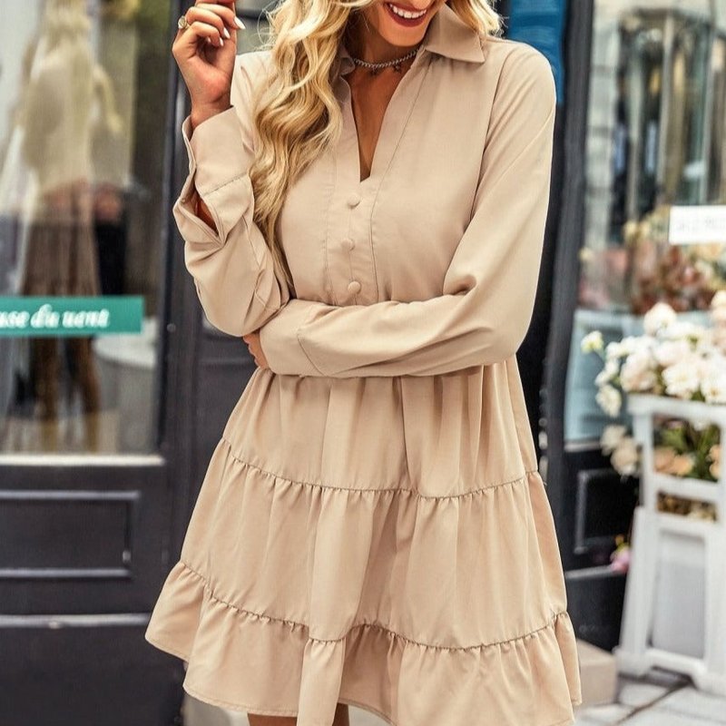 Anna-kaci Collared V Neck Tiered Dress In Brown