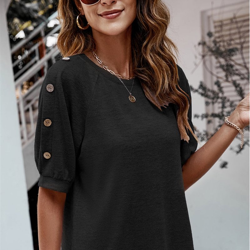 Anna-kaci Contrast Button Sleeve Casual Top In Black