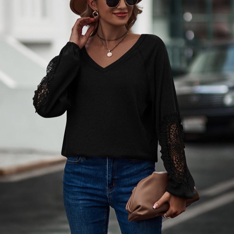 Anna-kaci Contrast Lace Detail Raglan Sweater In Black