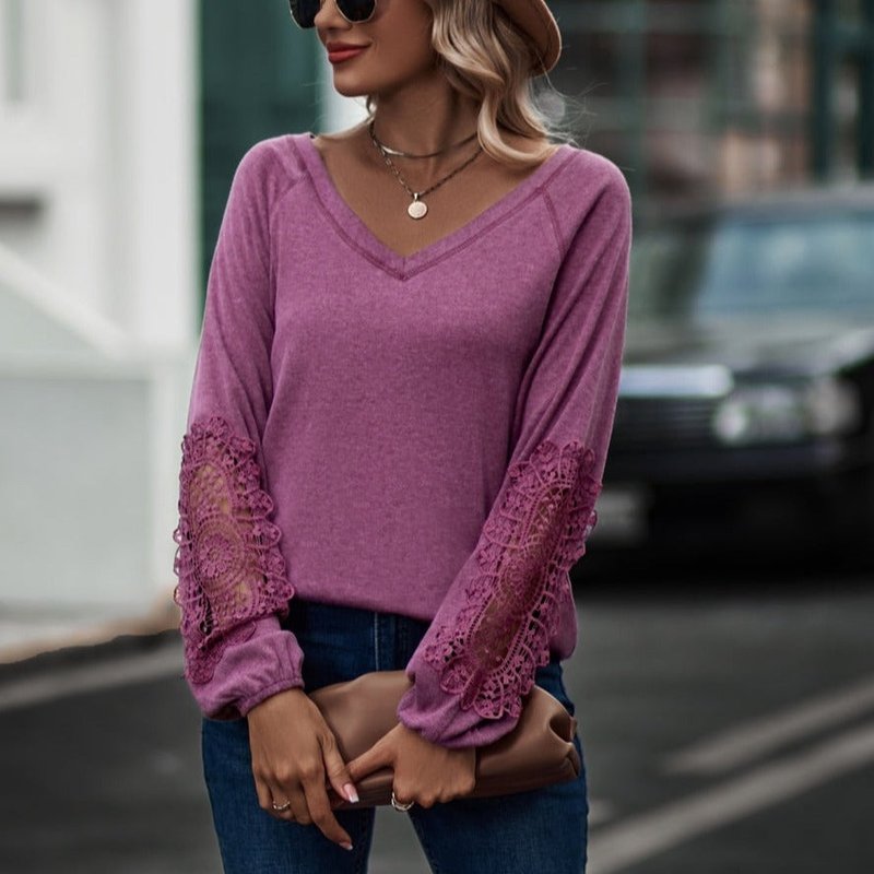 Anna-kaci Contrast Lace Detail Raglan Sweater In Pink