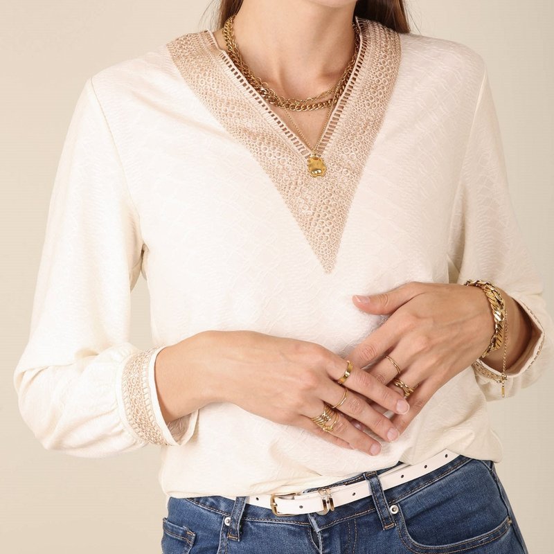 Anna-kaci Crochet Detail V Neck Sweater In White