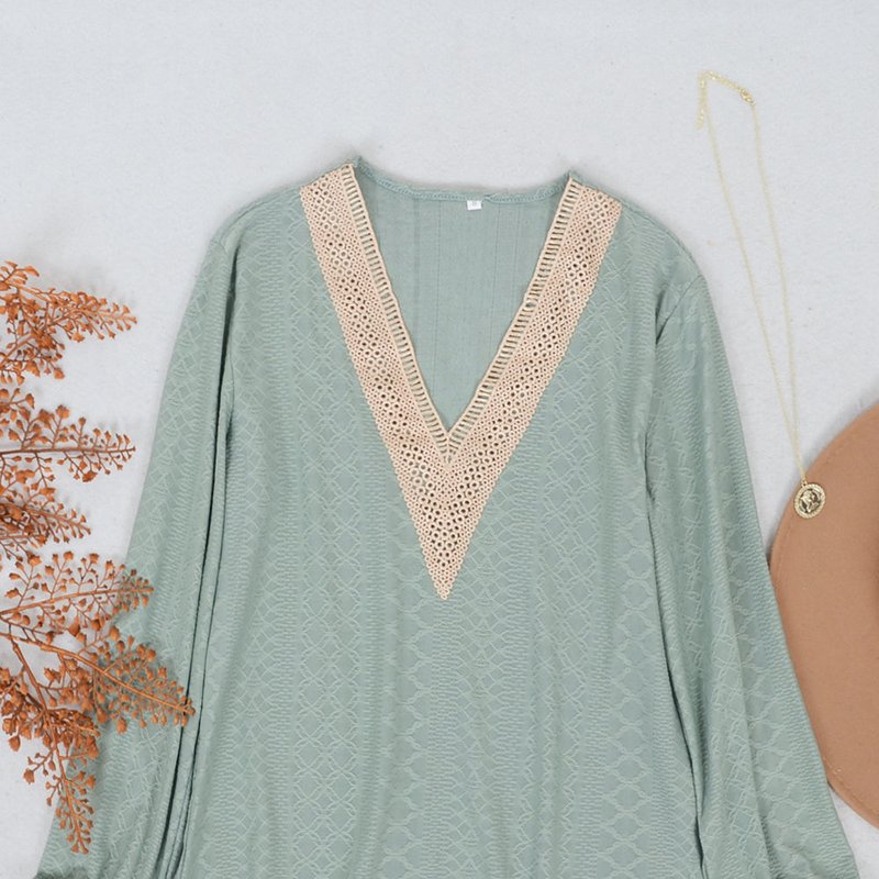 Anna-kaci Crochet Detail V Neck Sweater In Green