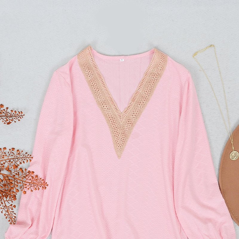 Anna-kaci Crochet Detail V Neck Sweater In Pink