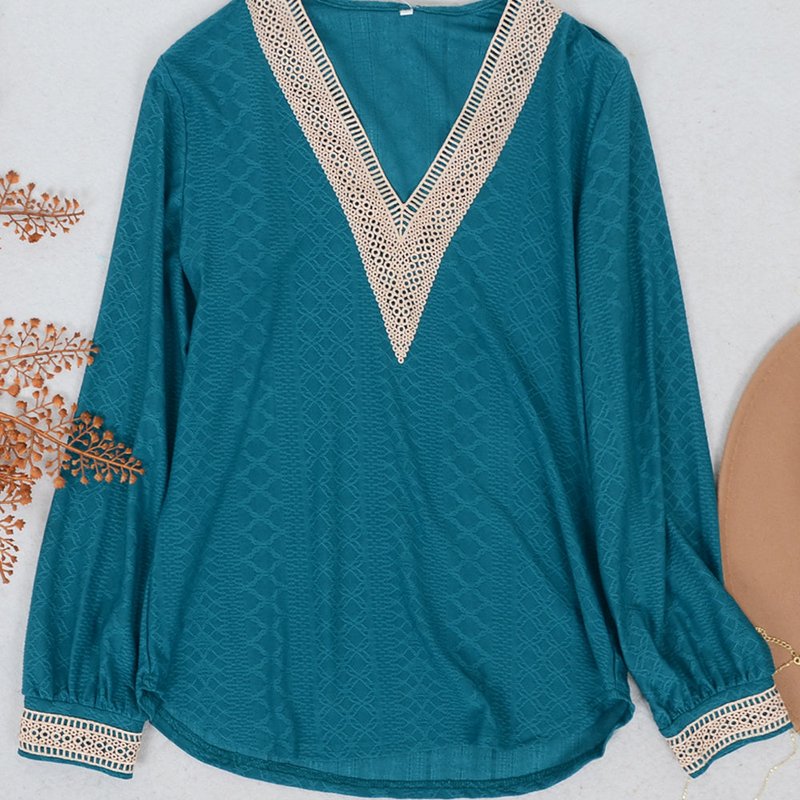 Anna-kaci Crochet Detail V Neck Sweater In Blue
