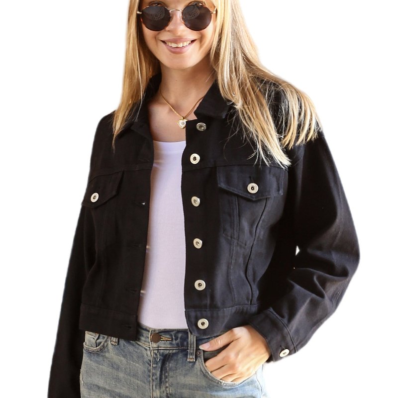 Anna-kaci Cropped Button Down Denim Jean Jacket With Pockets In Black