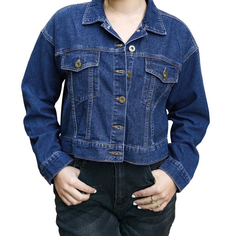 Anna-kaci Cropped Button Down Denim Jean Jacket With Pockets In Blue