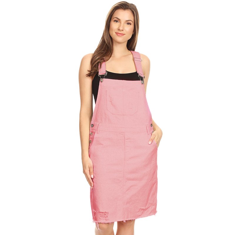 Anna-kaci Distressed Denim Overall Midi Dress In Pink