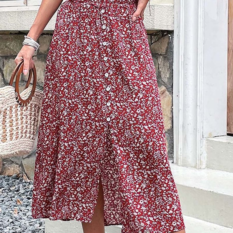 Anna-kaci Ditsy Floral Button Down Skirt In Red