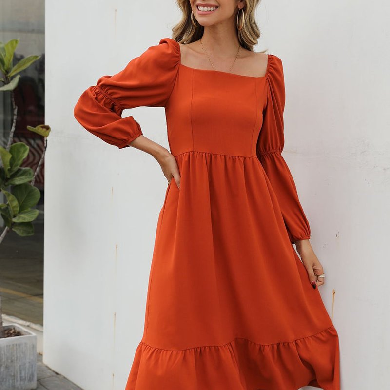 Anna-kaci Double Puff Sleeve Solid Dress In Orange