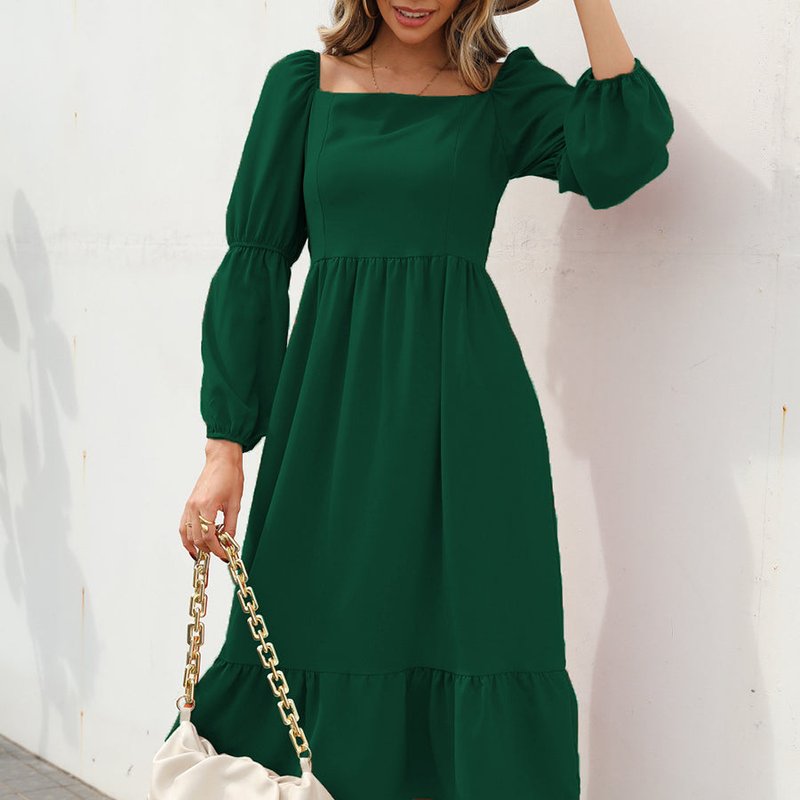 Anna-kaci Double Puff Sleeve Solid Dress In Green